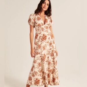 Abercrombie & Fitch Puff Sleeve Slim Poplin Midi Dress